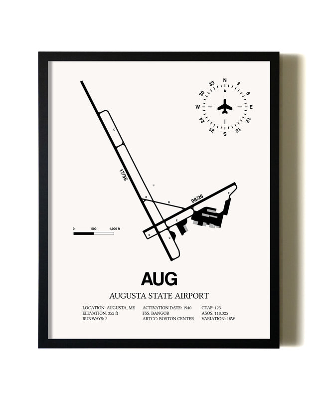 Framed Augusta State Airport wall art poster in black frame
