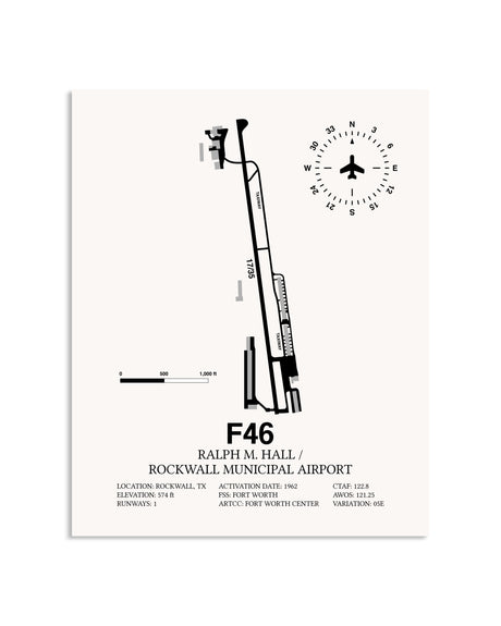 Gray Ralph M. Hall / Rockwall Municipal Airport framed poster displayed in an airplane hangar
