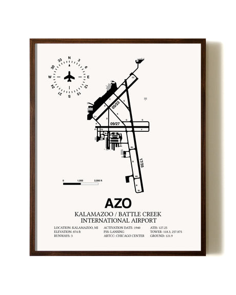 Kalamazoo / Battle Creek International Airport aviation print in walnut frame