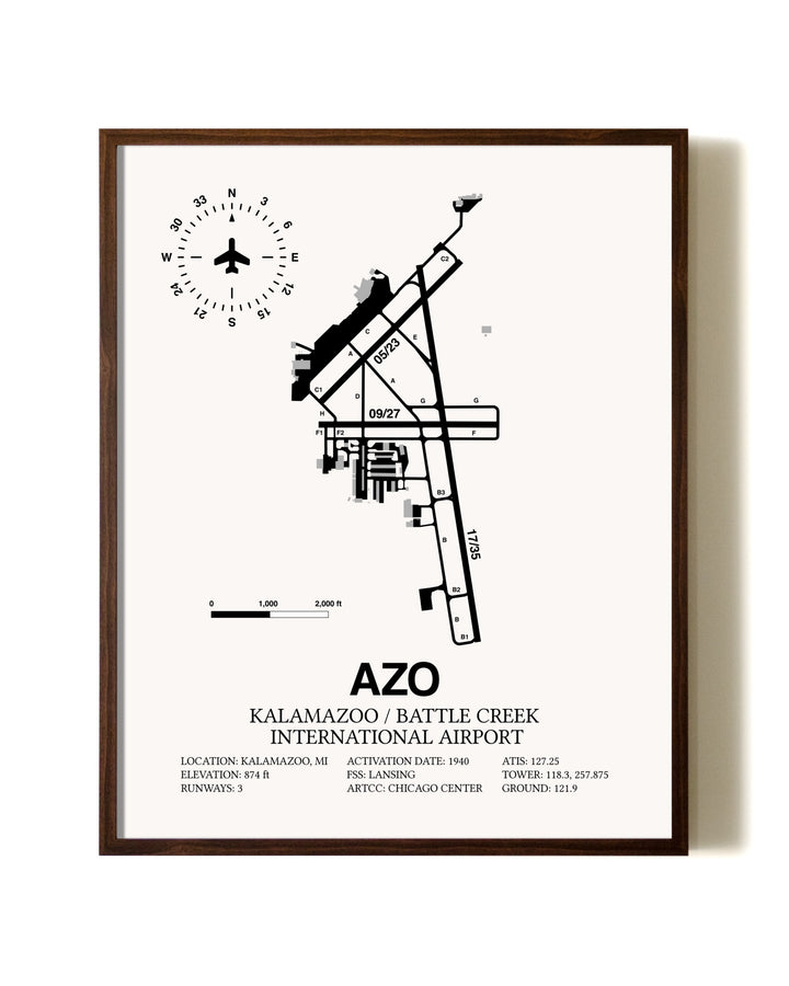 Kalamazoo / Battle Creek International Airport aviation print in walnut frame