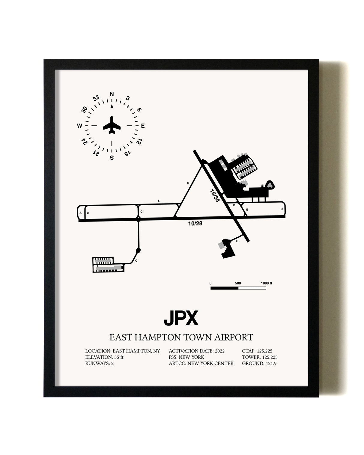 Framed East Hampton Town Airport wall art poster in black frame