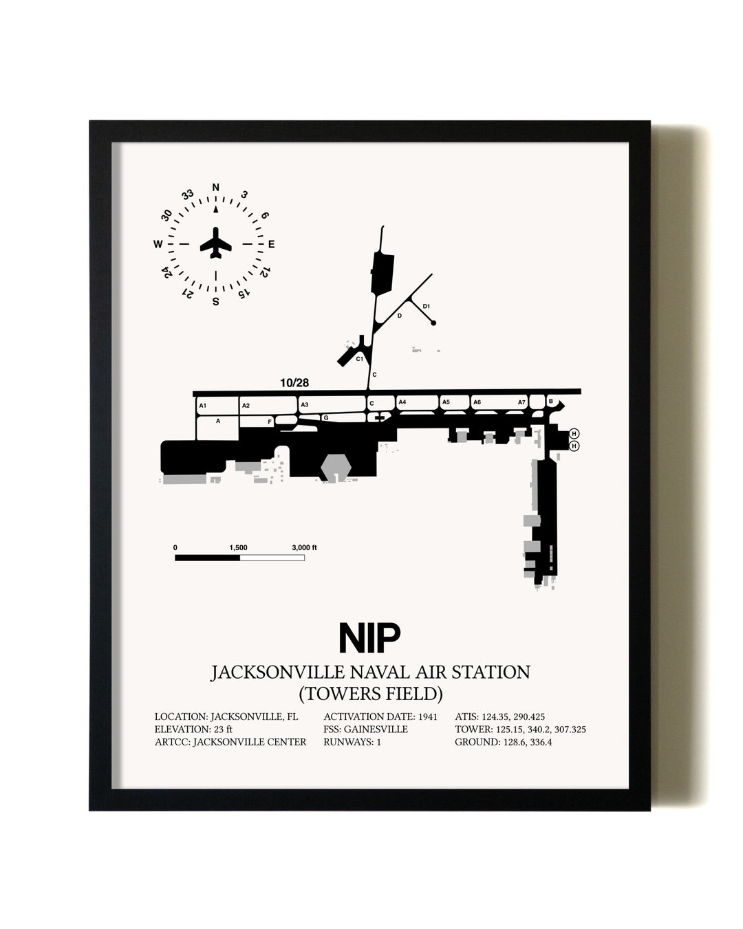 Framed Jacksonville Naval Air Station (Towers Field) wall art poster in black frame