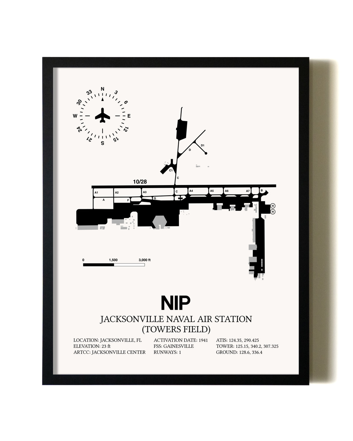 Framed Jacksonville Naval Air Station (Towers Field) wall art poster in black frame