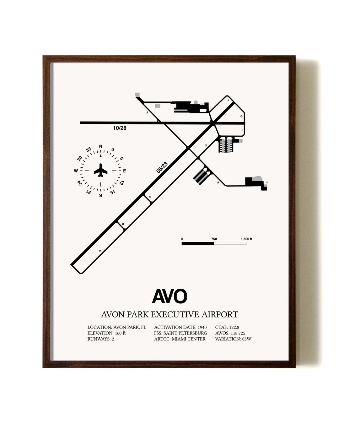 Avon Park Executive Airport aviation print in walnut frame
