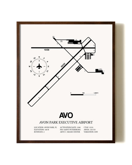Avon Park Executive Airport aviation print in walnut frame