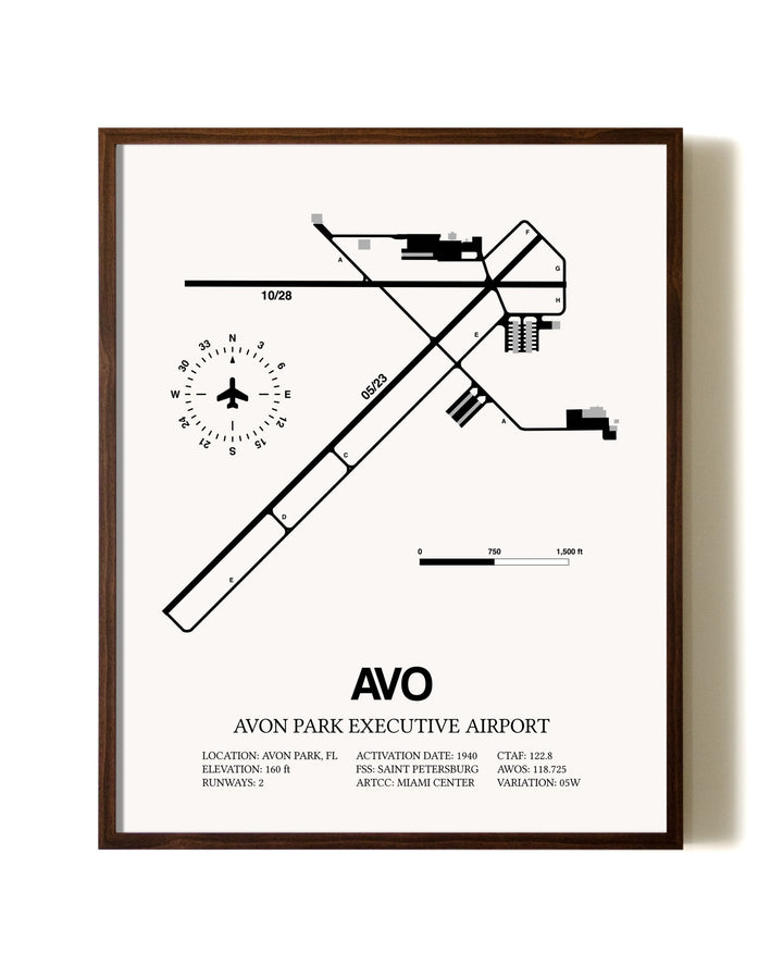 Avon Park Executive Airport aviation print in walnut frame
