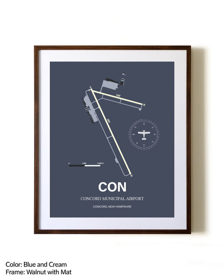Concord Municipal Airport aviation print in walnut frame with mat