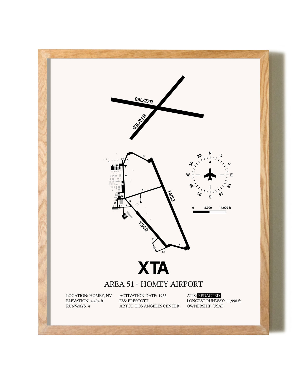 Homey Airport - Area 51 framed print in natural wood frame
