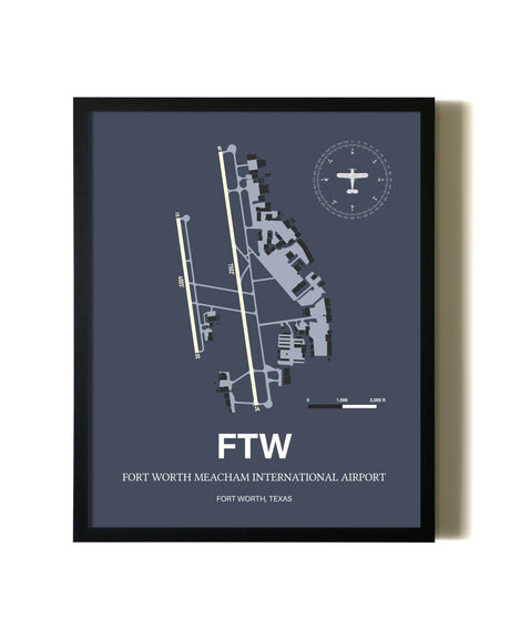 Blue and Cream Framed Fort Worth Meacham International Airport layout wall art poster