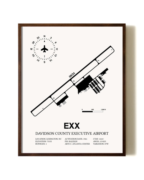 Davidson County Executive Airport aviation print in walnut frame