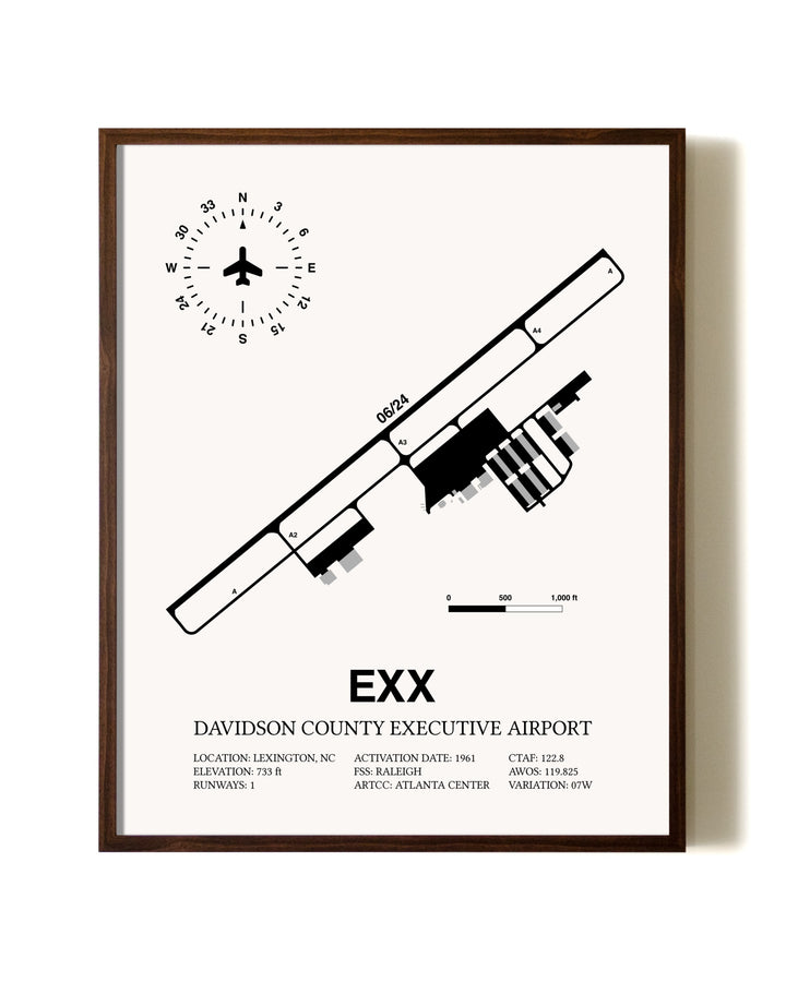 Davidson County Executive Airport aviation print in walnut frame