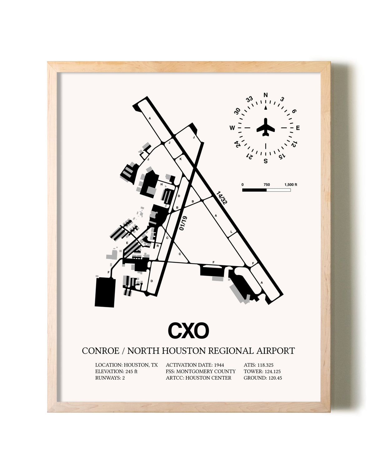 Conroe / North Houston Regional Airport framed wall art in white frame