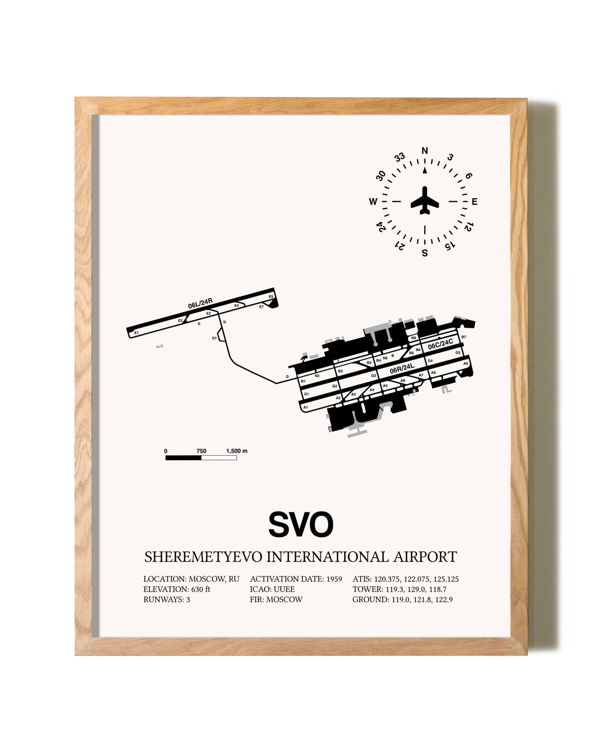 Sheremetyevo International Airport framed print in natural wood frame