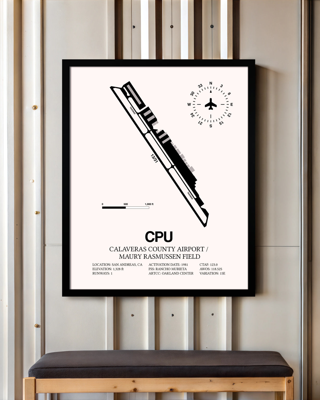 Calaveras County Airport / Maury Rasmussen Field framed poster displayed in an airplane hangar