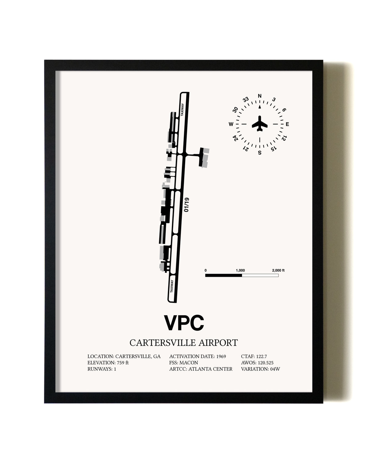 Framed Cartersville Airport wall art poster in black frame