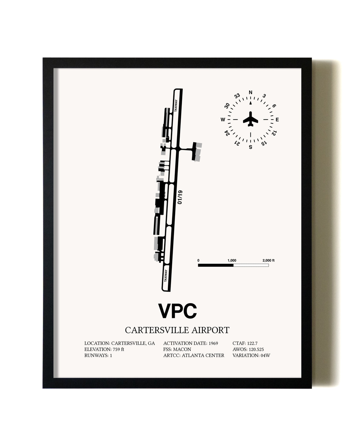 Framed Cartersville Airport wall art poster in black frame