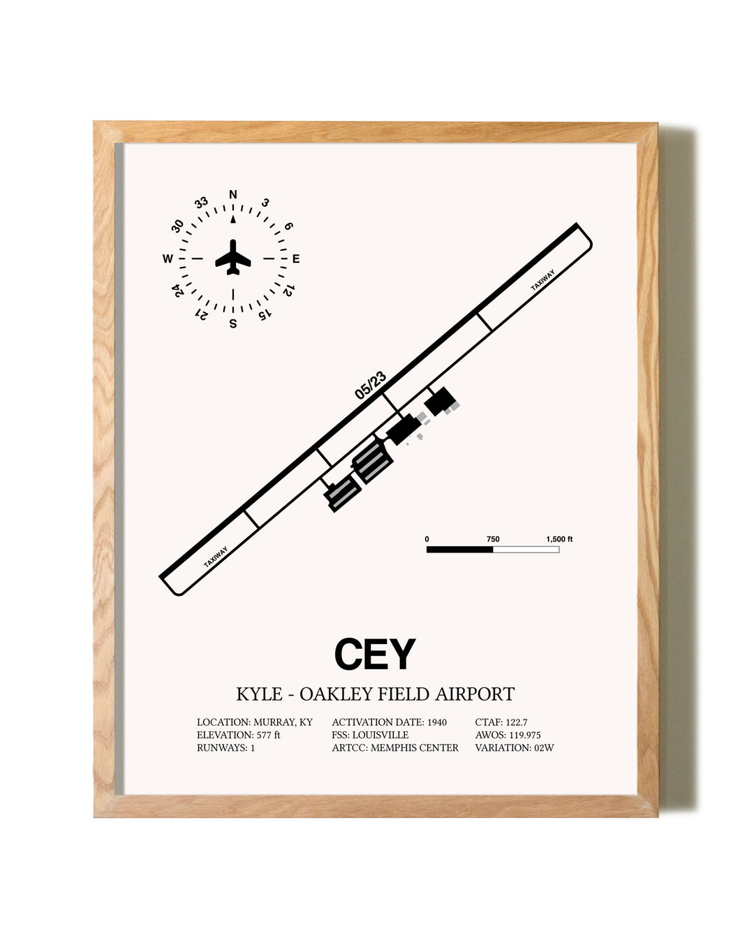 Kyle-Oakley Field Airport framed print in natural wood frame