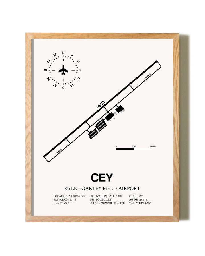 Kyle-Oakley Field Airport framed print in natural wood frame