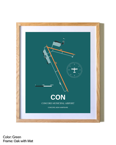 Concord Municipal Airport airport map poster in oak frame with mat
