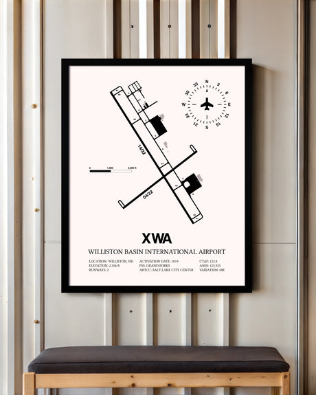 Williston Basin International Airport framed poster displayed in an airplane hangar