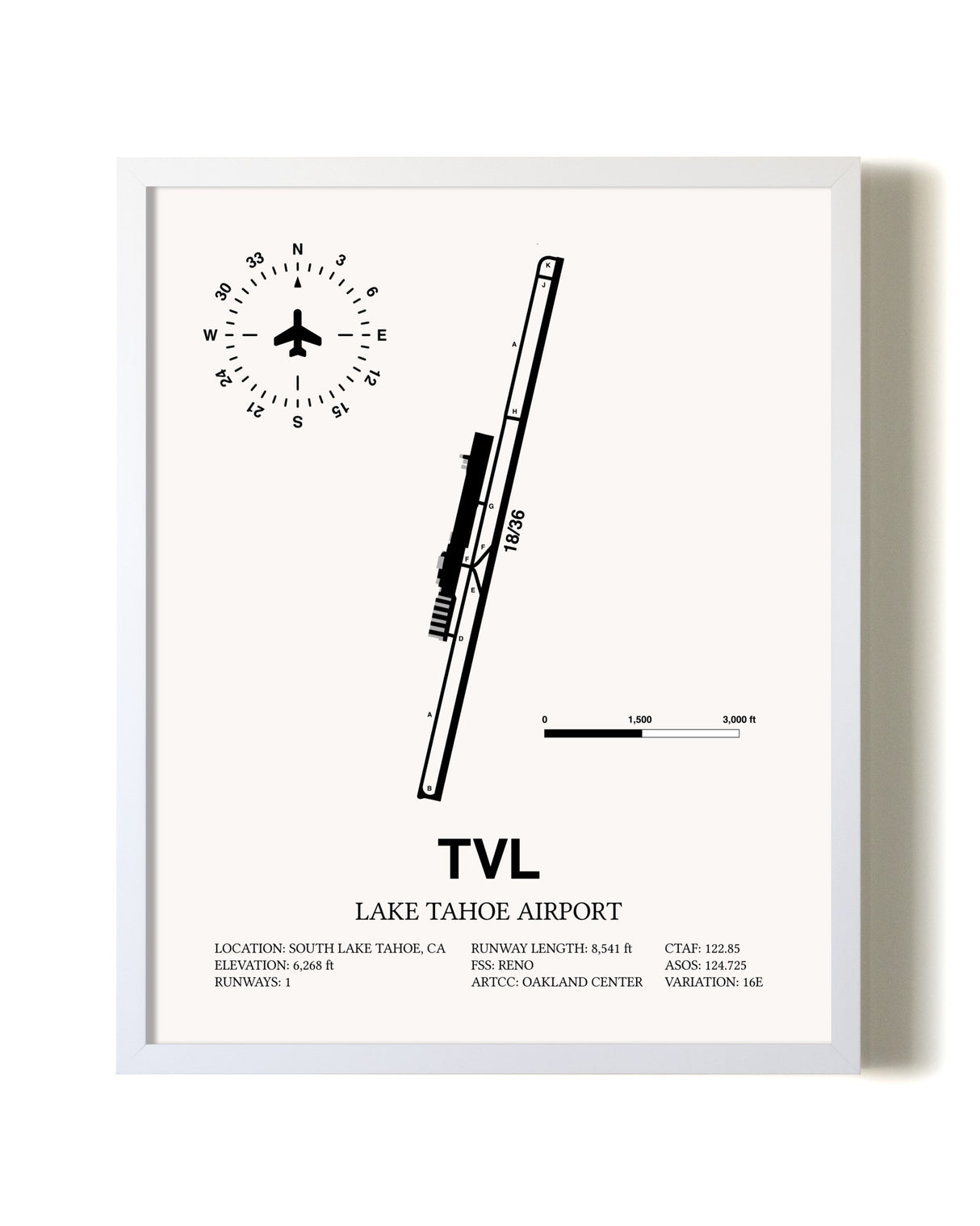 Lake Tahoe Airport airport map poster in oak frame