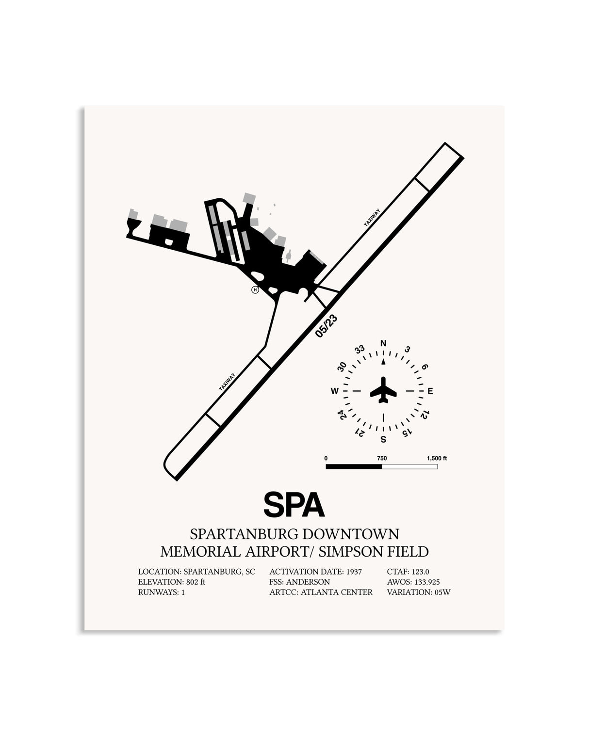 Gray Spartanburg Downtown Memorial Airport / Simpson Field framed poster displayed in an airplane hangar