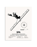 Gray Spartanburg Downtown Memorial Airport / Simpson Field framed poster displayed in an airplane hangar