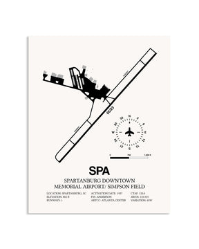 Gray Spartanburg Downtown Memorial Airport / Simpson Field framed poster displayed in an airplane hangar