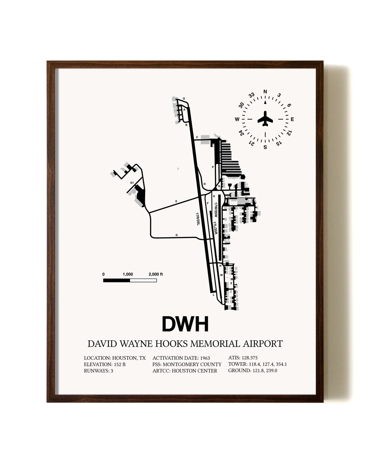 David Wayne Hooks Memorial Airport aviation print in walnut frame