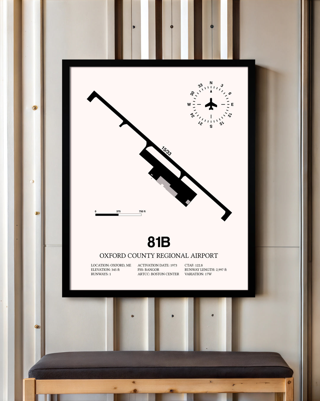 Oxford County Regional Airport framed poster displayed in an airplane hangar