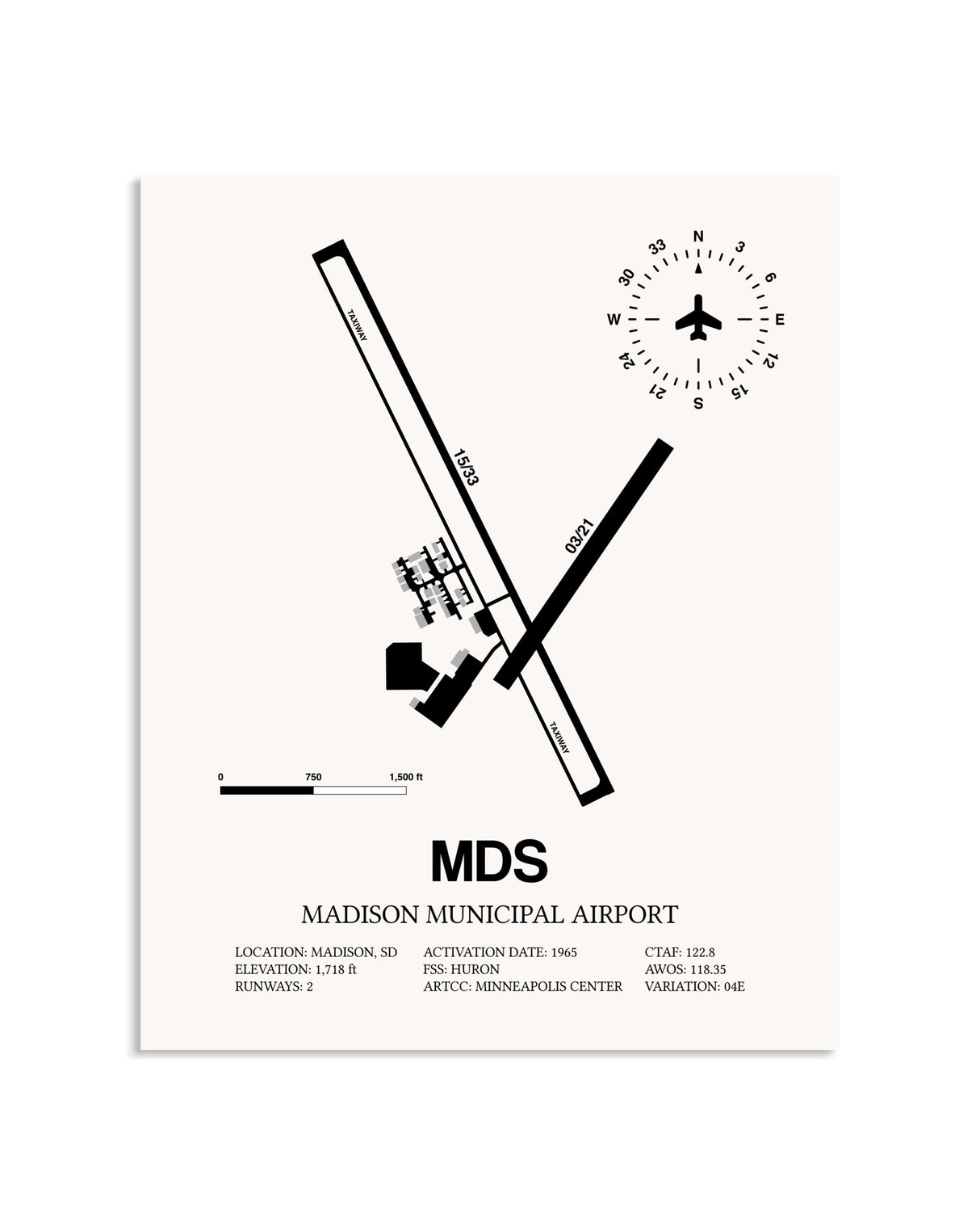 Gray Madison Municipal Airport framed poster displayed in an airplane hangar