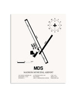 Gray Madison Municipal Airport framed poster displayed in an airplane hangar