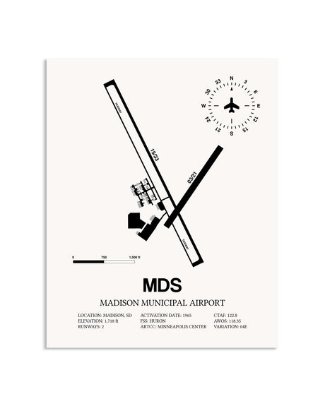Gray Madison Municipal Airport framed poster displayed in an airplane hangar