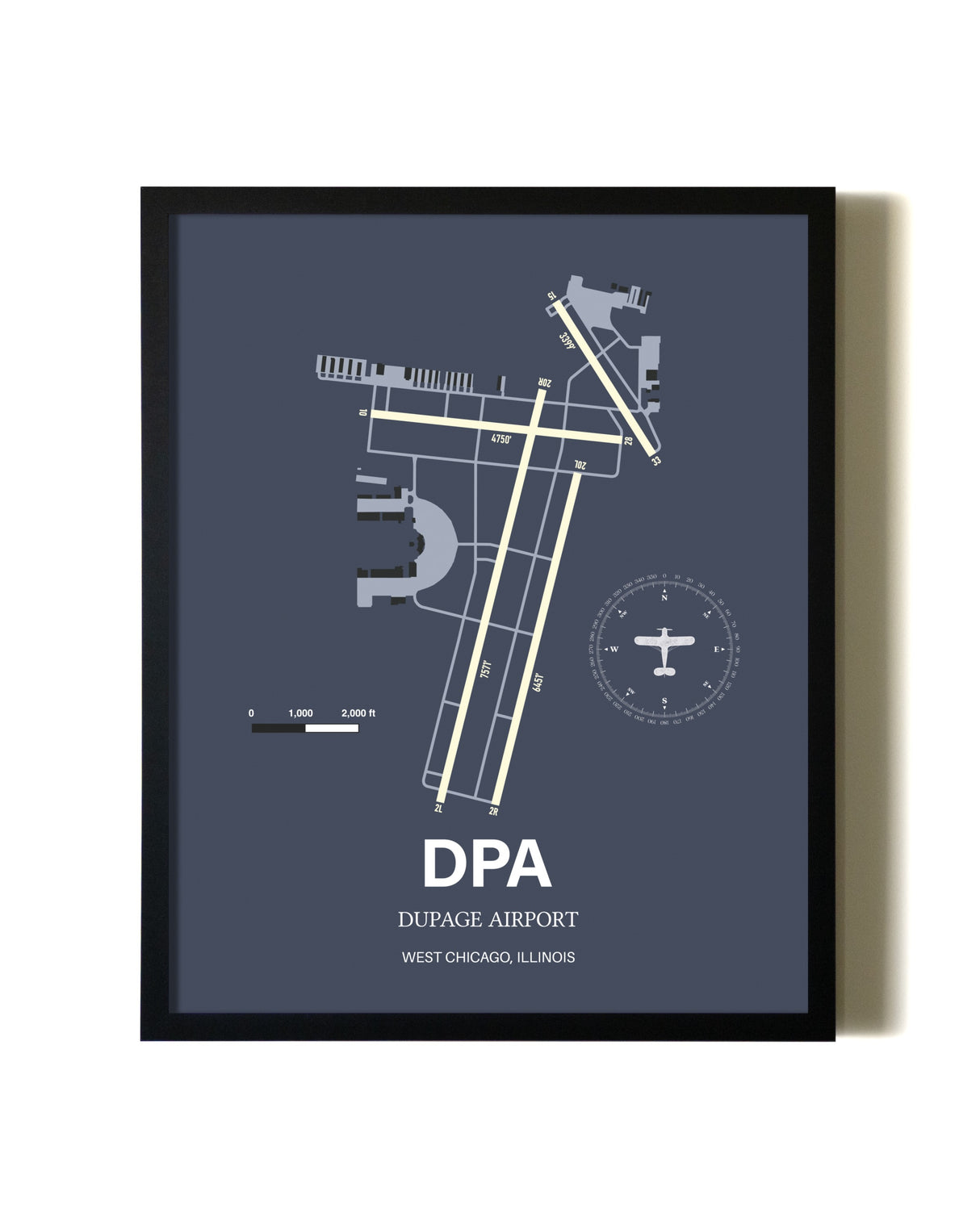 Blue and Cream Framed DuPage Airport layout wall art poster