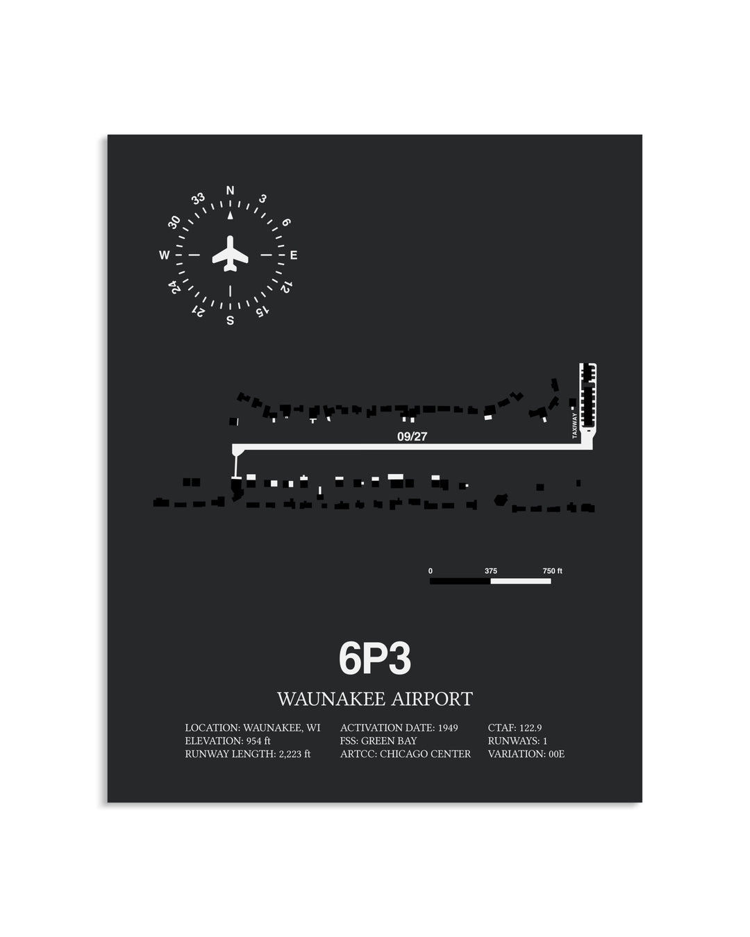 Gray Framed Waunakee Airport layout wall art poster