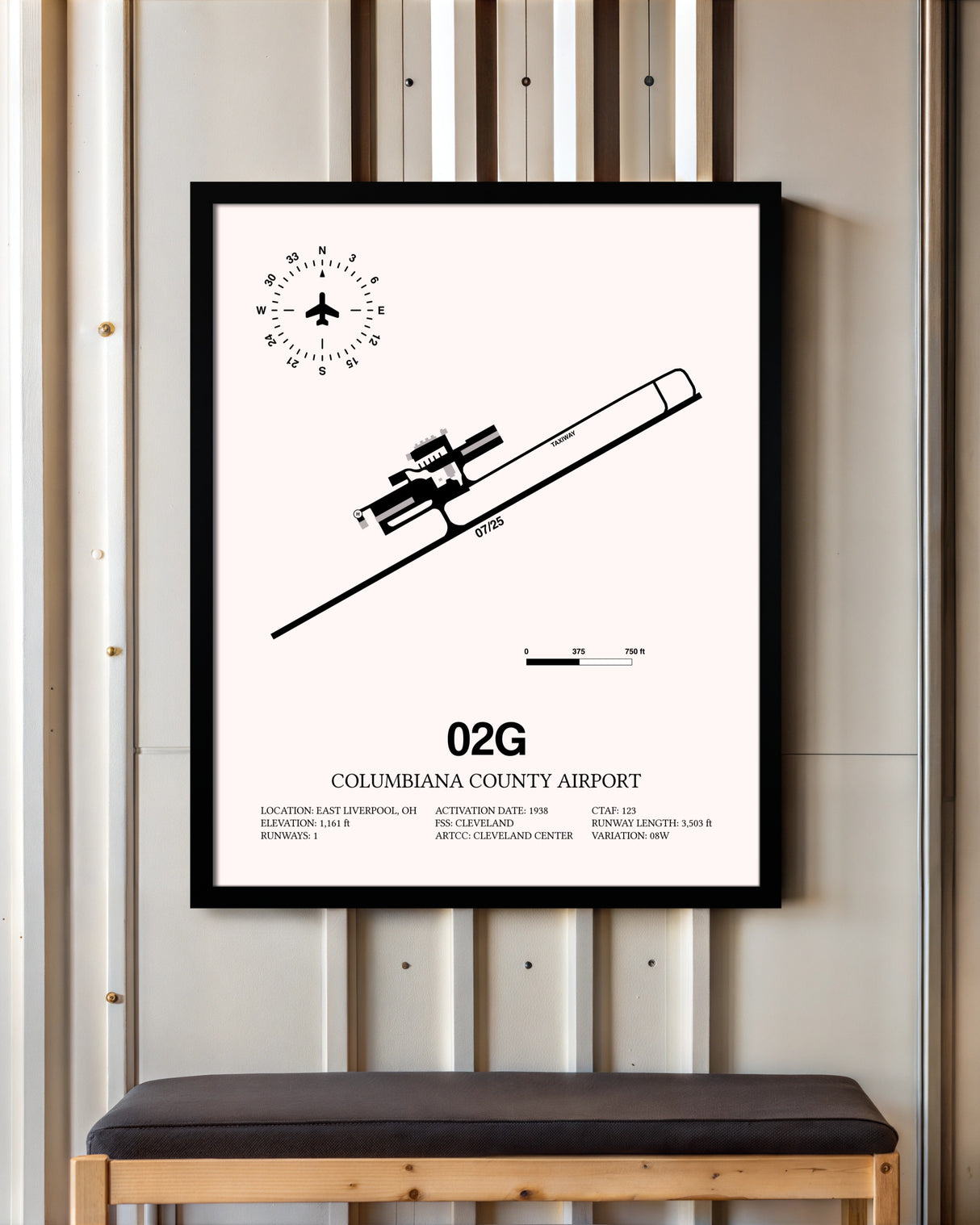 Columbiana County Airport framed poster displayed in an airplane hangar