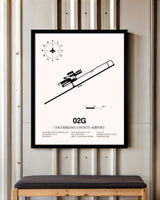 Columbiana County Airport framed poster displayed in an airplane hangar