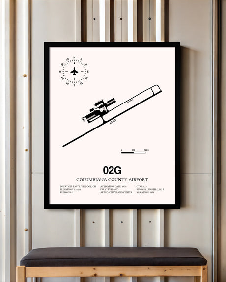 Columbiana County Airport framed poster displayed in an airplane hangar