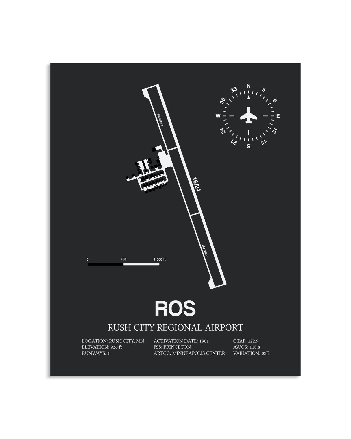 Gray Framed Rush City Regional Airport layout wall art poster