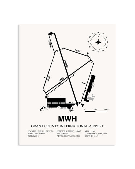 Gray Grant County International Airport framed poster displayed in an airplane hangar