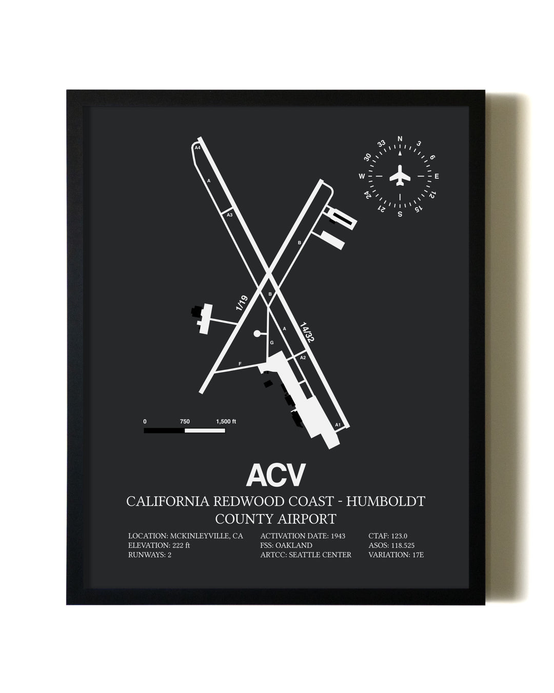 Unframed California Redwood Coast - Humboldt County Airport map print poster
