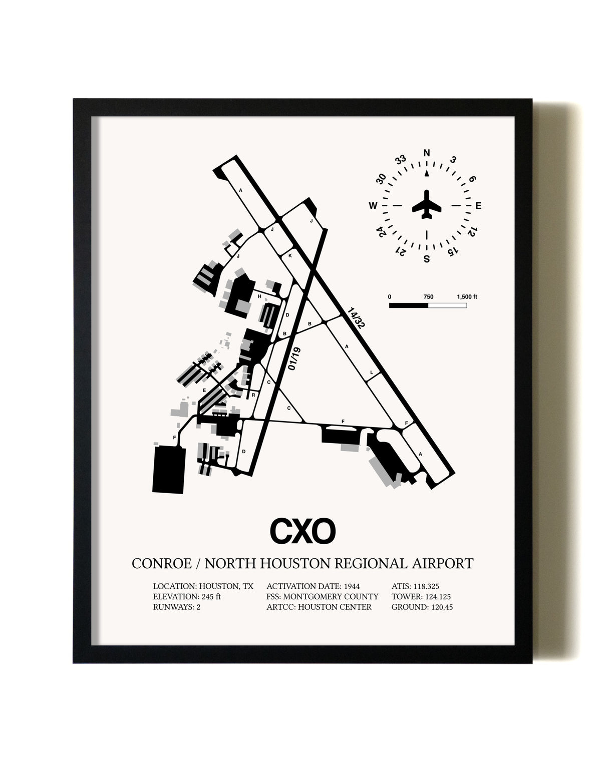 Framed Conroe / North Houston Regional Airport wall art poster in black frame