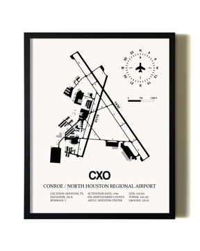 Framed Conroe / North Houston Regional Airport wall art poster in black frame