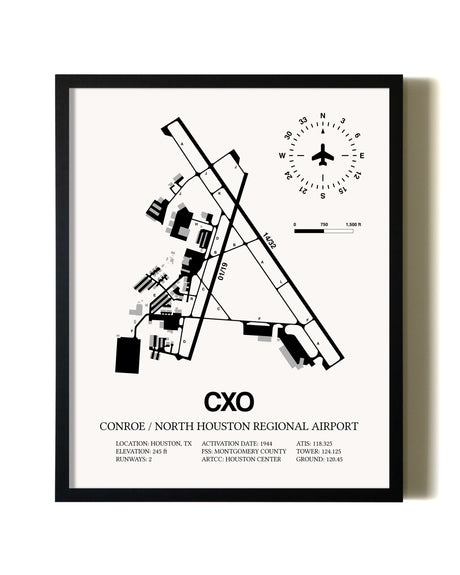 Framed Conroe / North Houston Regional Airport wall art poster in black frame