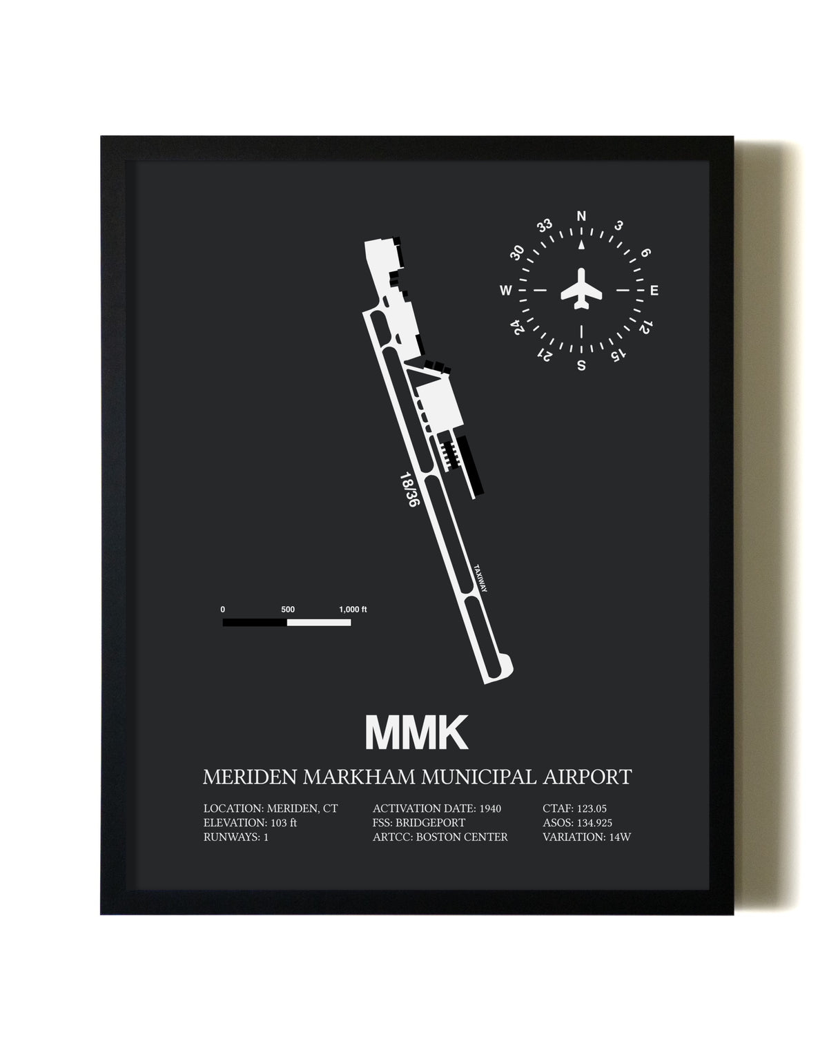 Unframed Meriden Markham Municipal Airport map print poster