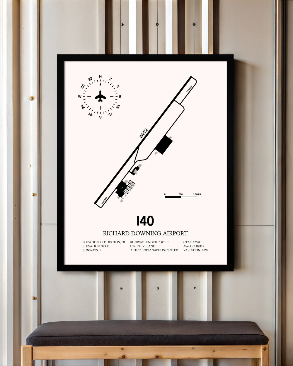 Richard Downing Airport framed poster displayed in an airplane hangar