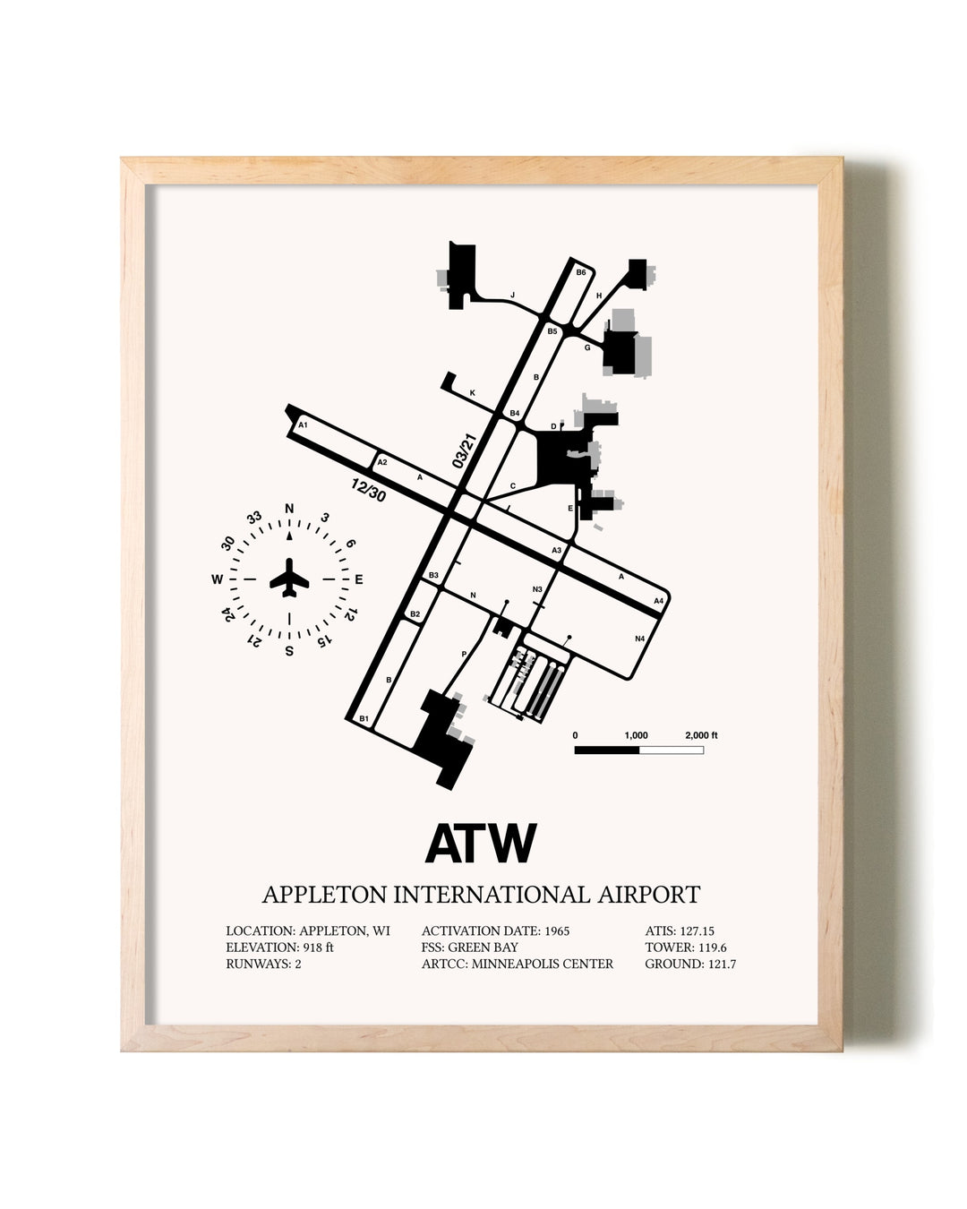 Appleton International Airport framed wall art in white frame