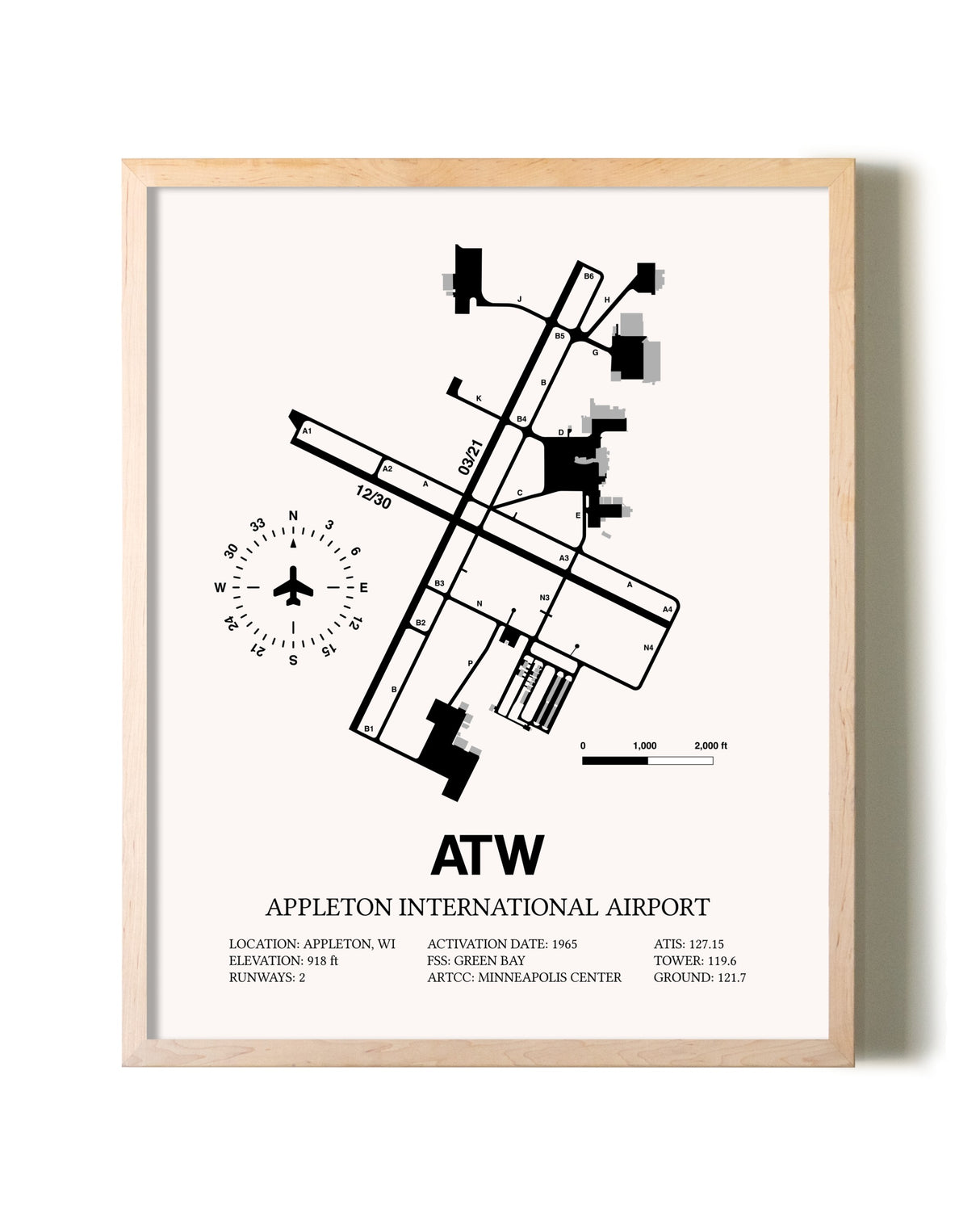 Appleton International Airport framed wall art in white frame