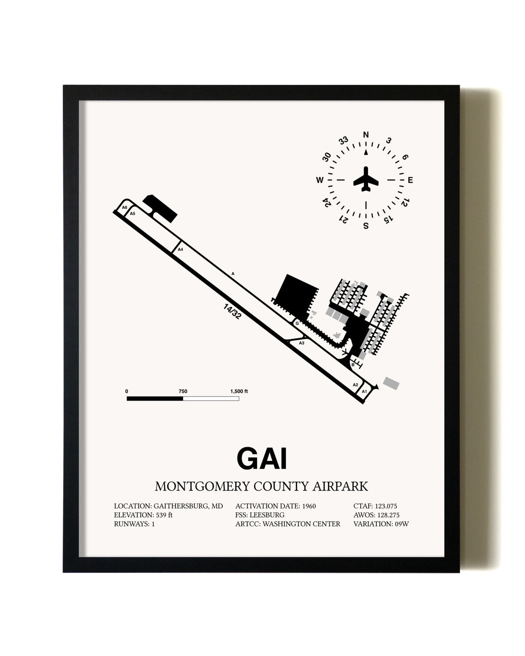 Framed Montgomery County Airpark wall art poster in black frame