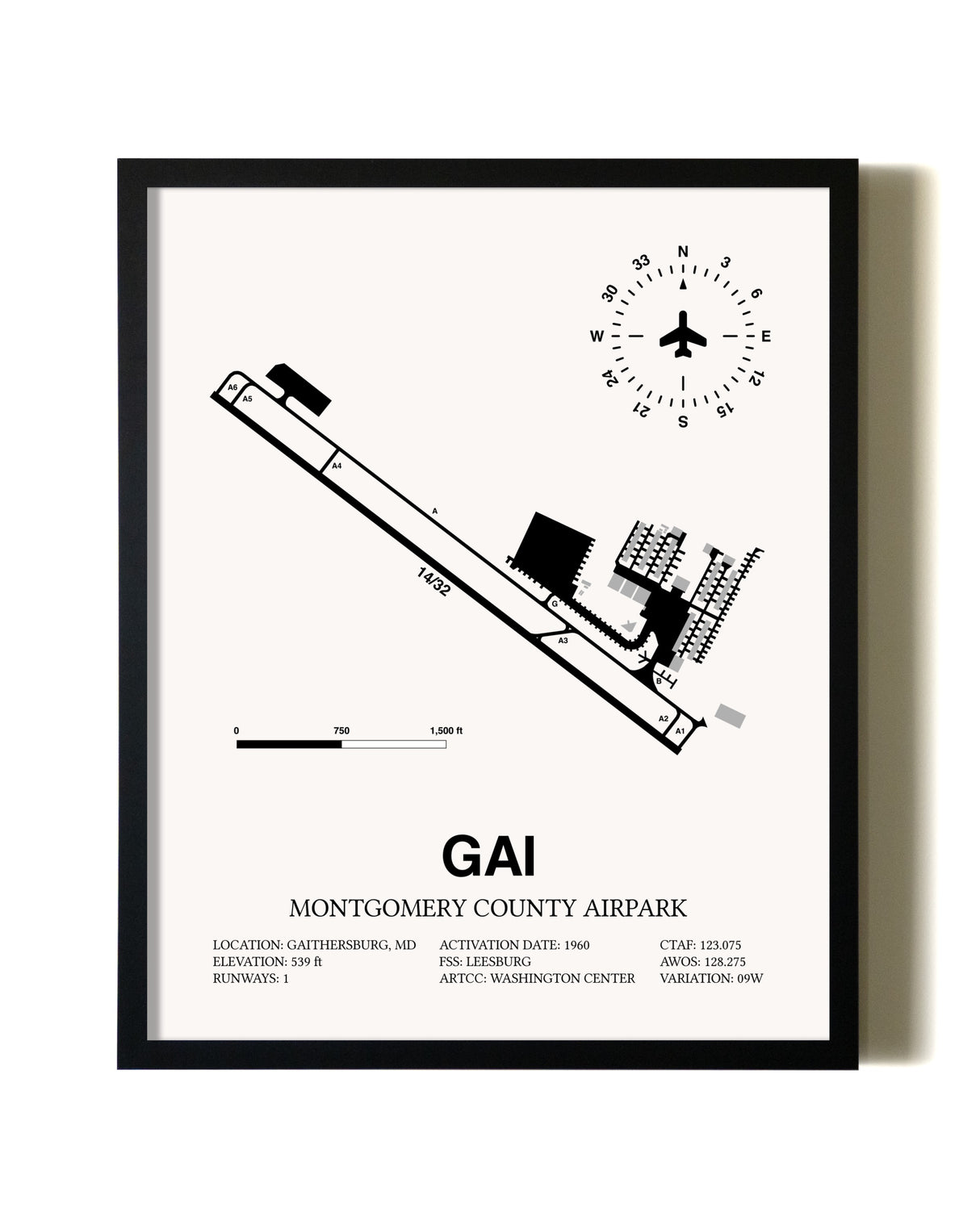 Framed Montgomery County Airpark wall art poster in black frame
